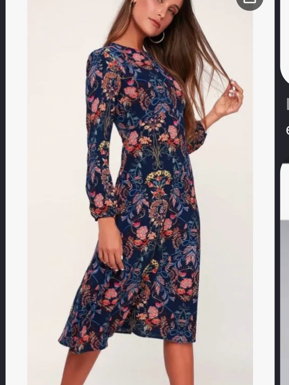 Lulu's Navy Floral Midi Dress with Long Sleeves
